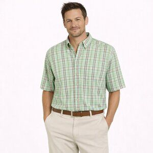 Hathaway Green Plaid Short Slv Button-Up Shirt Work Party Preppy Spring Summer